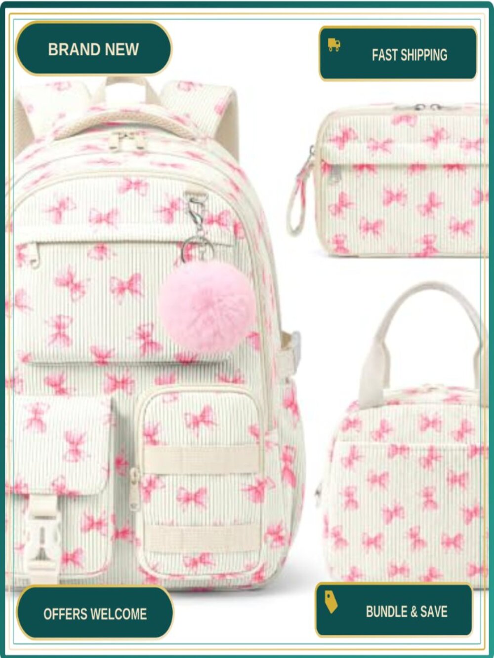 Corduroy Backpack Set with Lunch Bag & Pencil Case, 3-Piece School Essentials,